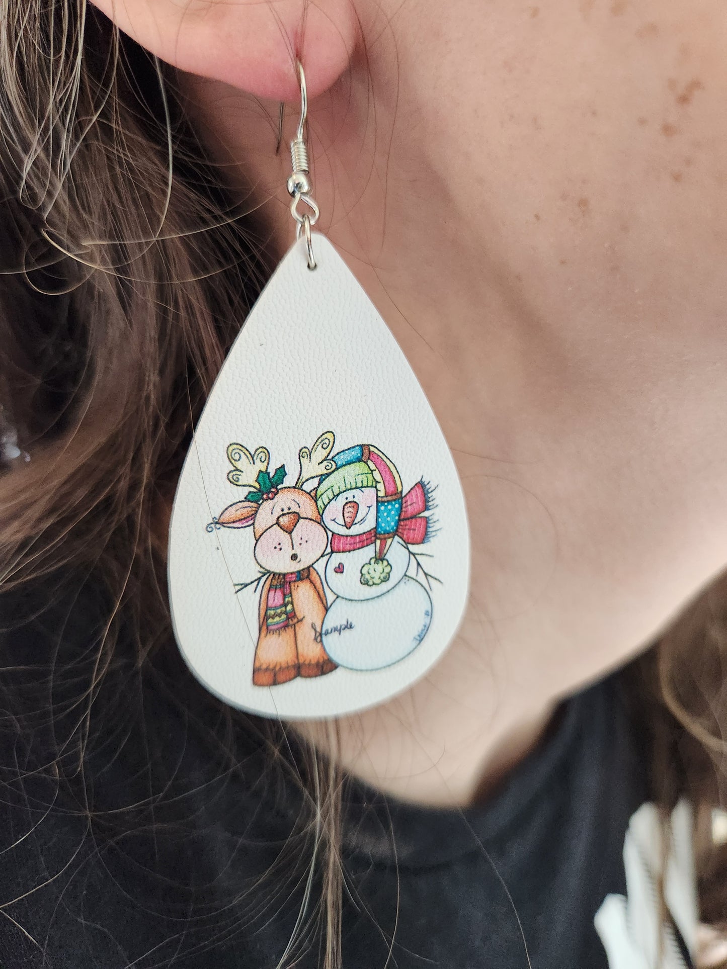 Snowman and Reindeer Leather Teardrop